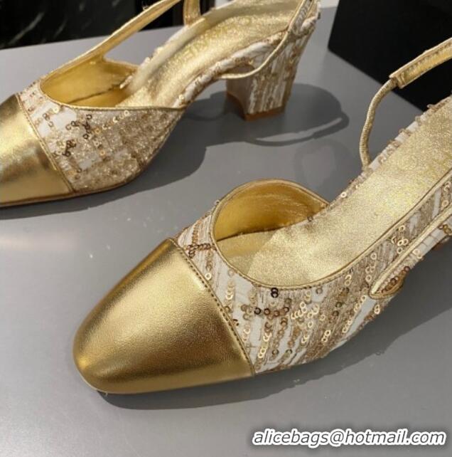 Best Grade Chanel Tweed & Calfskin Slingbacks Pumps 6.5cm G31318 Gold 423116