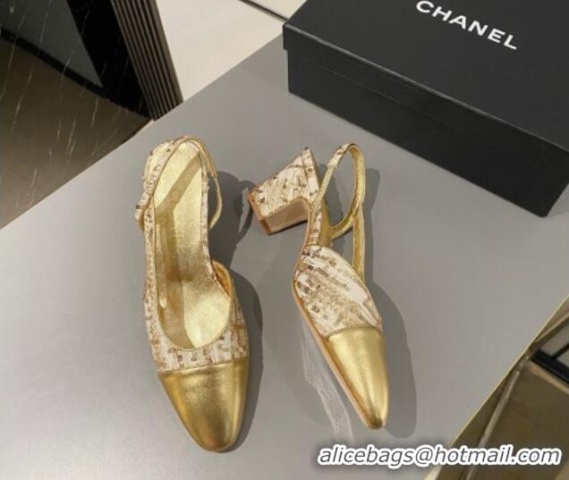 Best Grade Chanel Tweed & Calfskin Slingbacks Pumps 6.5cm G31318 Gold 423116