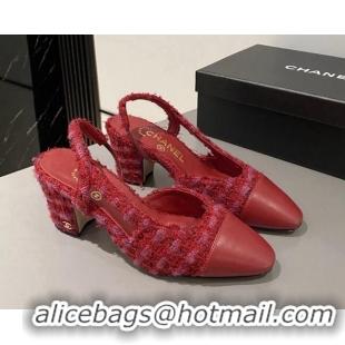 Classic Hot Chanel Tweed & Calfskin Slingbacks Pumps 6.5cm G31318 Red 423118