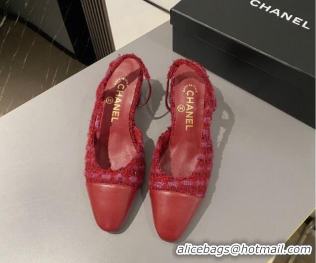 Classic Hot Chanel Tweed & Calfskin Slingbacks Pumps 6.5cm G31318 Red 423118