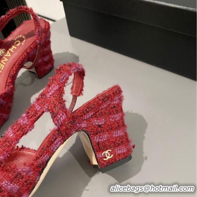 Classic Hot Chanel Tweed & Calfskin Slingbacks Pumps 6.5cm G31318 Red 423118