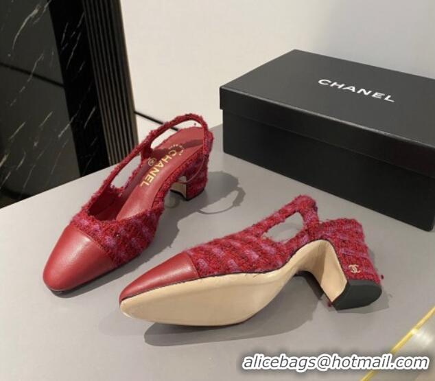 Classic Hot Chanel Tweed & Calfskin Slingbacks Pumps 6.5cm G31318 Red 423118