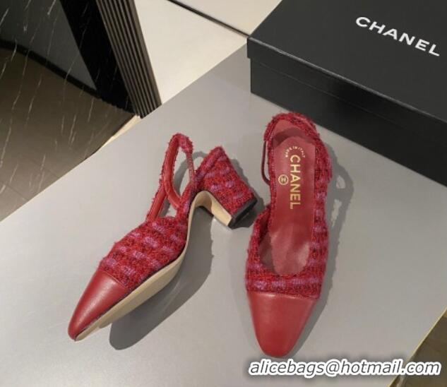 Classic Hot Chanel Tweed & Calfskin Slingbacks Pumps 6.5cm G31318 Red 423118