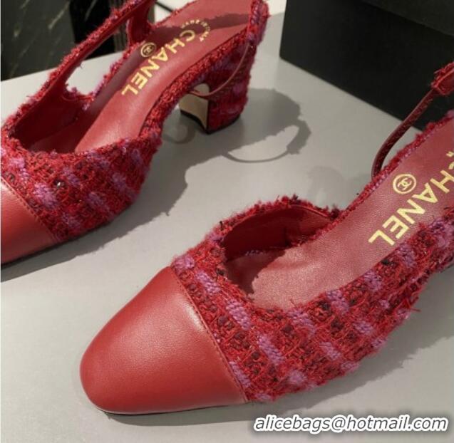 Classic Hot Chanel Tweed & Calfskin Slingbacks Pumps 6.5cm G31318 Red 423118