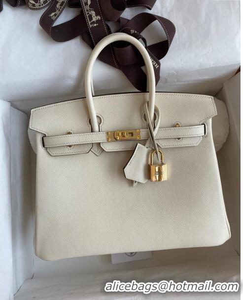 Top Grade Hermes Birkin 25cm Bag in Original Swift Leather H025 Cream White/Gold (Full Handmade)