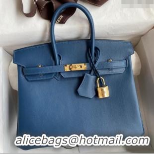 Top Design Hermes Birkin 25cm Bag in Original Swift Leather H025 Blue/Gold 2024 (Full Handmade)