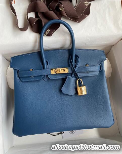 Top Design Hermes Birkin 25cm Bag in Original Swift Leather H025 Blue/Gold 2024 (Full Handmade)