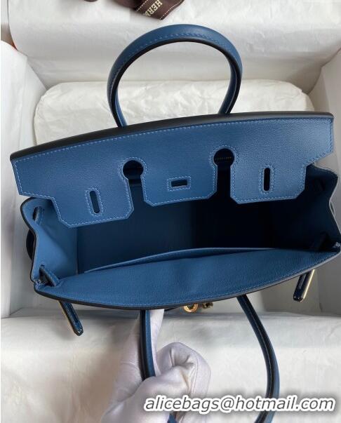 Top Design Hermes Birkin 25cm Bag in Original Swift Leather H025 Blue/Gold 2024 (Full Handmade)