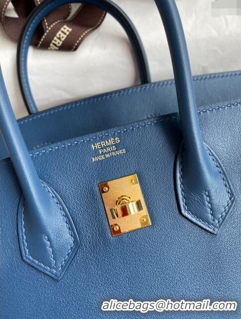 Top Design Hermes Birkin 25cm Bag in Original Swift Leather H025 Blue/Gold 2024 (Full Handmade)