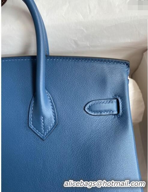 Top Design Hermes Birkin 25cm Bag in Original Swift Leather H025 Blue/Gold 2024 (Full Handmade)