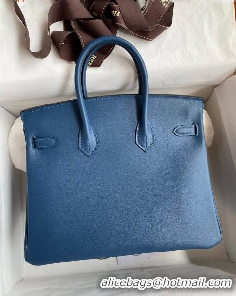 Top Design Hermes Birkin 25cm Bag in Original Swift Leather H025 Blue/Gold 2024 (Full Handmade)