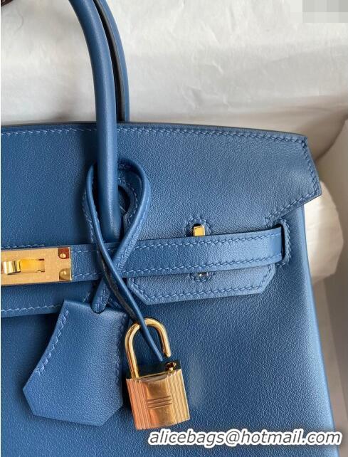 Top Design Hermes Birkin 25cm Bag in Original Swift Leather H025 Blue/Gold 2024 (Full Handmade)