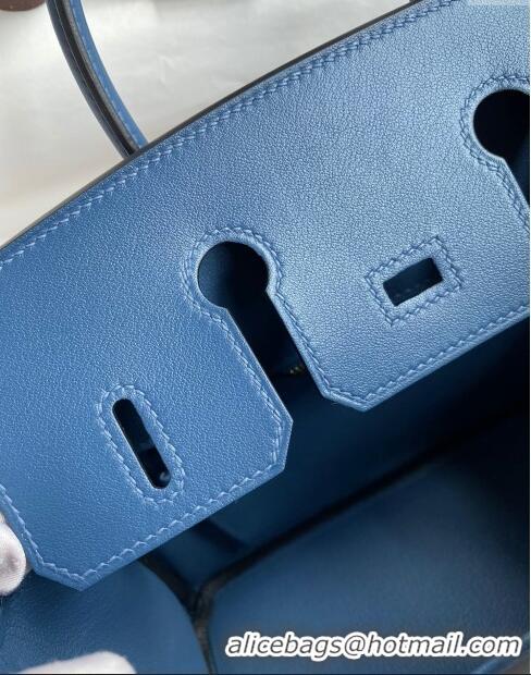 Top Design Hermes Birkin 25cm Bag in Original Swift Leather H025 Blue/Gold 2024 (Full Handmade)