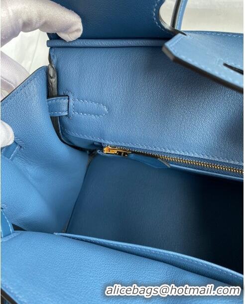 Top Design Hermes Birkin 25cm Bag in Original Swift Leather H025 Blue/Gold 2024 (Full Handmade)