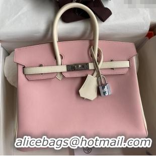 Top Quality Hermes Birkin 25cm Bag in Original Swift Leather H025 3Q Pink/Cream White/Silver 2024 (Full Handmade)