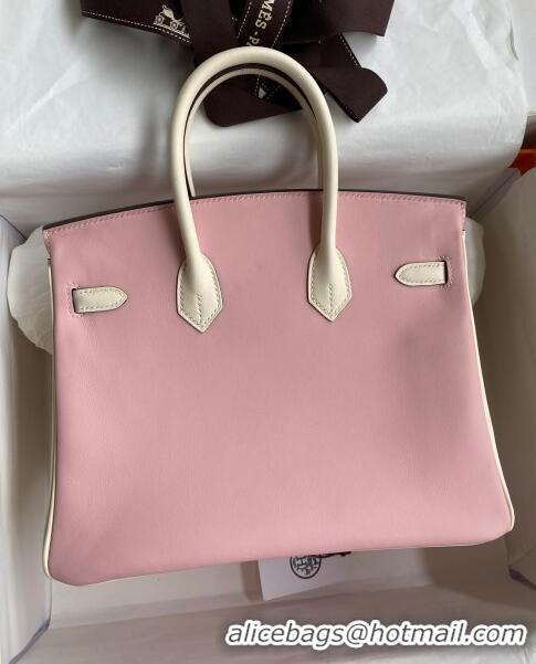 Top Quality Hermes Birkin 25cm Bag in Original Swift Leather H025 3Q Pink/Cream White/Silver 2024 (Full Handmade)