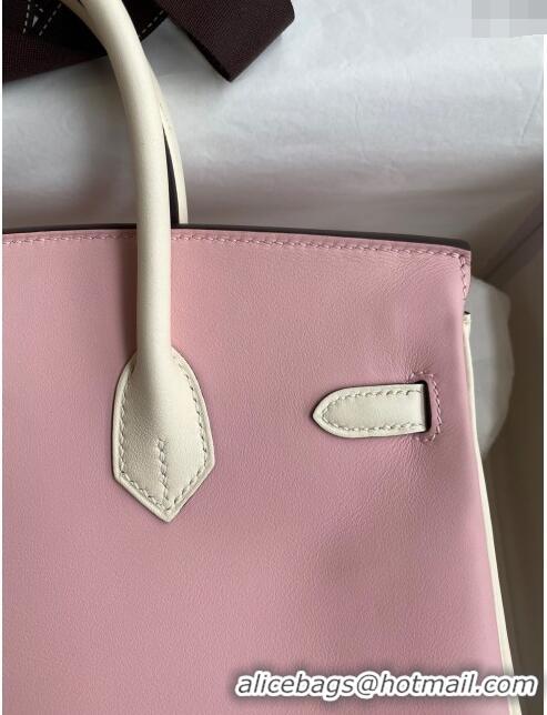 Top Quality Hermes Birkin 25cm Bag in Original Swift Leather H025 3Q Pink/Cream White/Silver 2024 (Full Handmade)