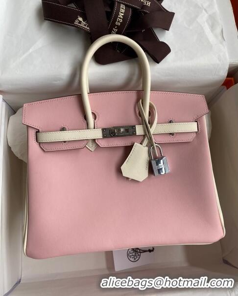 Top Quality Hermes Birkin 25cm Bag in Original Swift Leather H025 3Q Pink/Cream White/Silver 2024 (Full Handmade)