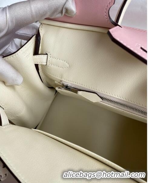 Top Quality Hermes Birkin 25cm Bag in Original Swift Leather H025 3Q Pink/Cream White/Silver 2024 (Full Handmade)