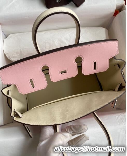 Top Quality Hermes Birkin 25cm Bag in Original Swift Leather H025 3Q Pink/Cream White/Silver 2024 (Full Handmade)