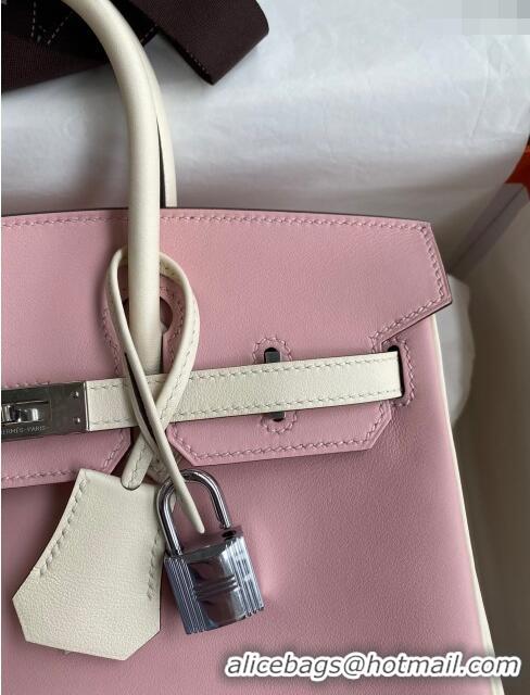 Top Quality Hermes Birkin 25cm Bag in Original Swift Leather H025 3Q Pink/Cream White/Silver 2024 (Full Handmade)