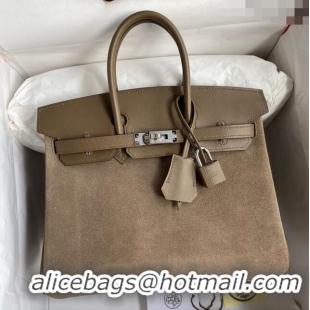 Super Quality Hermes Birkin 25 Bag in Original Swift and Suede Leather H025 Etoupe/Silver 2024 (Full Handmade)