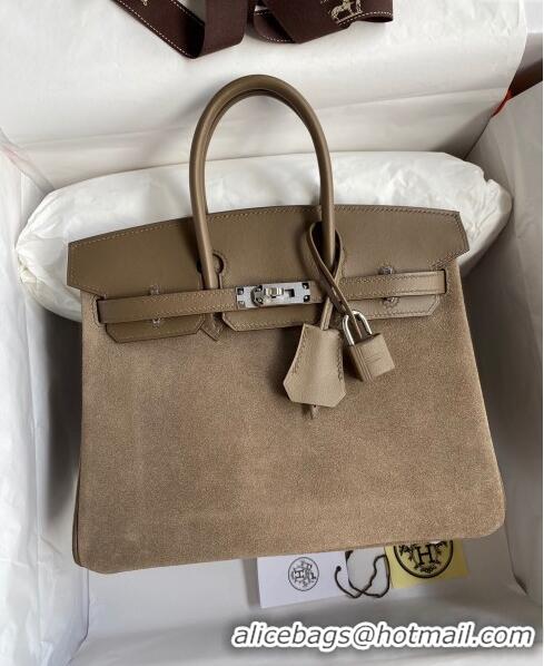 Super Quality Hermes Birkin 25 Bag in Original Swift and Suede Leather H025 Etoupe/Silver 2024 (Full Handmade)