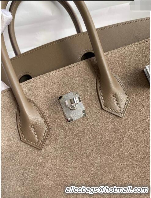 Super Quality Hermes Birkin 25 Bag in Original Swift and Suede Leather H025 Etoupe/Silver 2024 (Full Handmade)