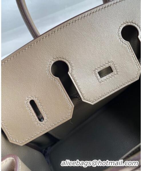 Super Quality Hermes Birkin 25 Bag in Original Swift and Suede Leather H025 Etoupe/Silver 2024 (Full Handmade)