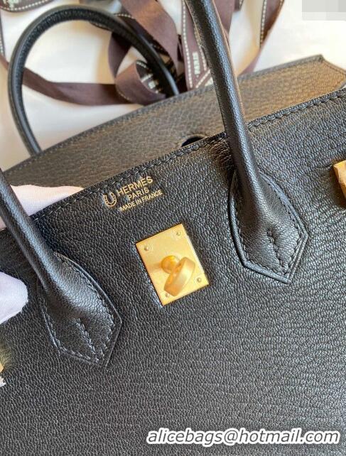 Luxury Discount Hermes Birkin 25cm Bag in Original Chèvre Leather H025 Black/Gold 2024 (Full Handmade)