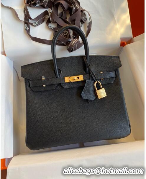 Luxury Discount Hermes Birkin 25cm Bag in Original Chèvre Leather H025 Black/Gold 2024 (Full Handmade)