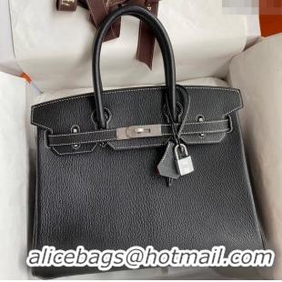 Buy Fashionable Hermes Birkin 25cm Bag in Original Chèvre Leather H025 Black/Silver 2024 (Full Handmade)