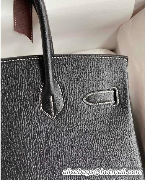 Buy Fashionable Hermes Birkin 25cm Bag in Original Chèvre Leather H025 Black/Silver 2024 (Full Handmade)