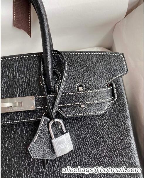 Buy Fashionable Hermes Birkin 25cm Bag in Original Chèvre Leather H025 Black/Silver 2024 (Full Handmade)