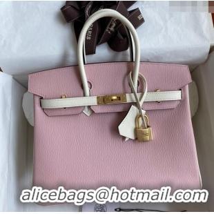 Most Popular Hermes Birkin 25cm Bag in Original Chèvre Leather H025 3Q Pink/Cream White/Gold 2024 (Full Handmade)