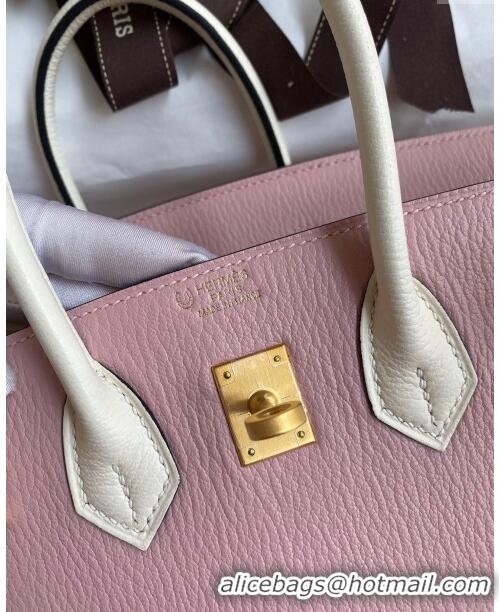 Most Popular Hermes Birkin 25cm Bag in Original Chèvre Leather H025 3Q Pink/Cream White/Gold 2024 (Full Handmade)