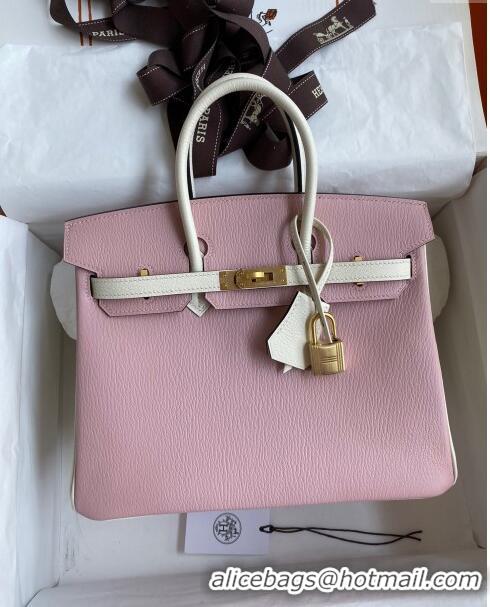 Most Popular Hermes Birkin 25cm Bag in Original Chèvre Leather H025 3Q Pink/Cream White/Gold 2024 (Full Handmade)