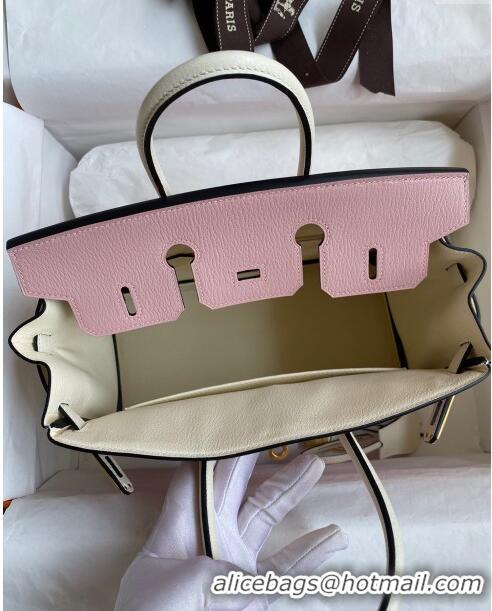 Most Popular Hermes Birkin 25cm Bag in Original Chèvre Leather H025 3Q Pink/Cream White/Gold 2024 (Full Handmade)