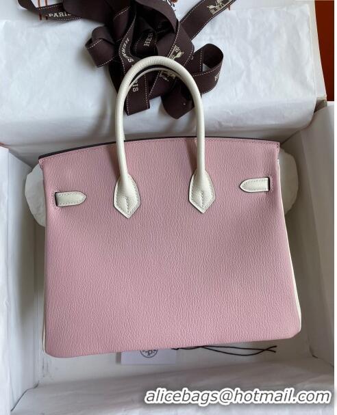 Most Popular Hermes Birkin 25cm Bag in Original Chèvre Leather H025 3Q Pink/Cream White/Gold 2024 (Full Handmade)