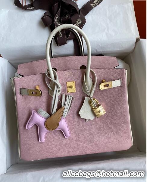 Most Popular Hermes Birkin 25cm Bag in Original Chèvre Leather H025 3Q Pink/Cream White/Gold 2024 (Full Handmade)