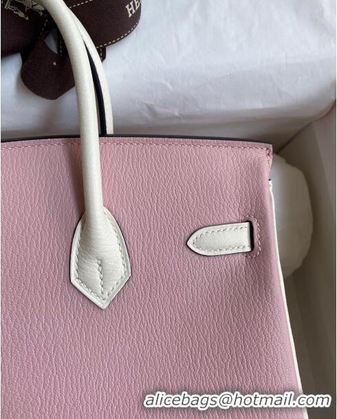 Most Popular Hermes Birkin 25cm Bag in Original Chèvre Leather H025 3Q Pink/Cream White/Gold 2024 (Full Handmade)