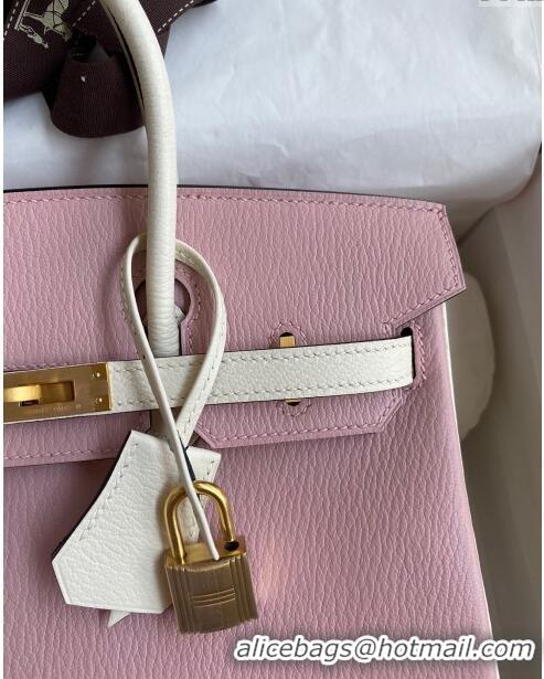 Most Popular Hermes Birkin 25cm Bag in Original Chèvre Leather H025 3Q Pink/Cream White/Gold 2024 (Full Handmade)