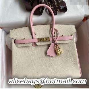 Promotional Hermes Birkin 25cm Bag in Original Chèvre Leather H025 Cream White/3Q Pink/Gold 2024 (Full Handmade)