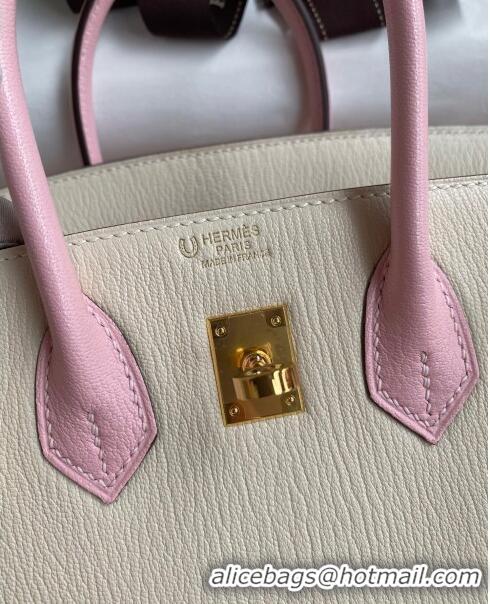 Promotional Hermes Birkin 25cm Bag in Original Chèvre Leather H025 Cream White/3Q Pink/Gold 2024 (Full Handmade)