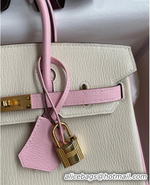 Promotional Hermes Birkin 25cm Bag in Original Chèvre Leather H025 Cream White/3Q Pink/Gold 2024 (Full Handmade)