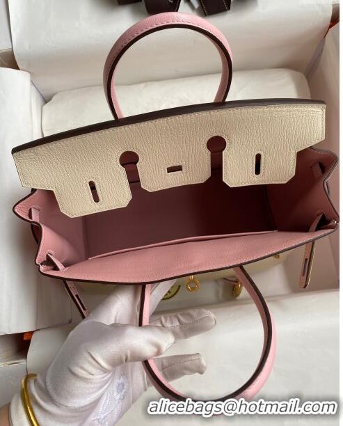 Promotional Hermes Birkin 25cm Bag in Original Chèvre Leather H025 Cream White/3Q Pink/Gold 2024 (Full Handmade)