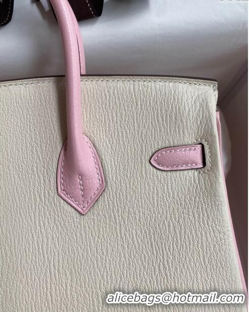 Promotional Hermes Birkin 25cm Bag in Original Chèvre Leather H025 Cream White/3Q Pink/Gold 2024 (Full Handmade)