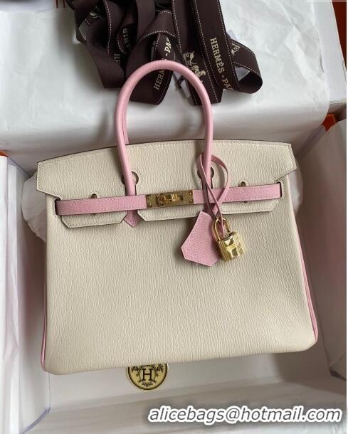 Promotional Hermes Birkin 25cm Bag in Original Chèvre Leather H025 Cream White/3Q Pink/Gold 2024 (Full Handmade)