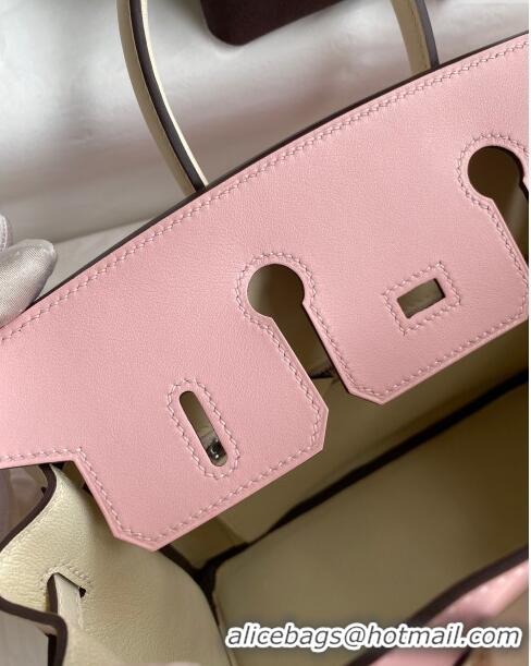 Top Design Hermes Birkin 30cm Bag in Original Swift Leather H30 3Q Pink/Cream White/Silver 2024 (Full Handmade)