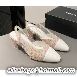 Stylish Chanel Tweed & Patent Calfskin Slingbacks Pumps 6.5cm G31318 White/Pink 423125